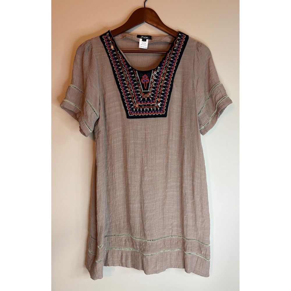 Pixie Womens Embroidered Boho Aztec Tunic Dress Taupe Crinkle Gauze Sequin Small